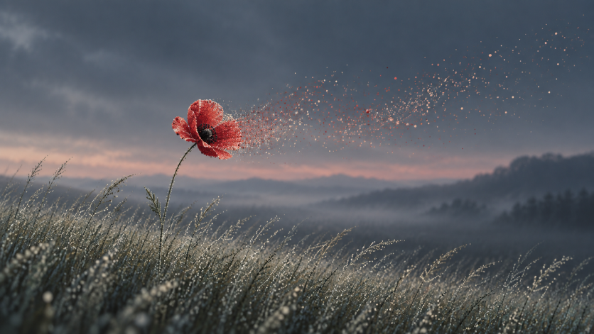 A red poppy made of particles disperses across a meadow at dusk.