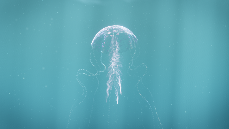 A translucent mauve jellyfish made of particles drifts beneath rippling light shafts.