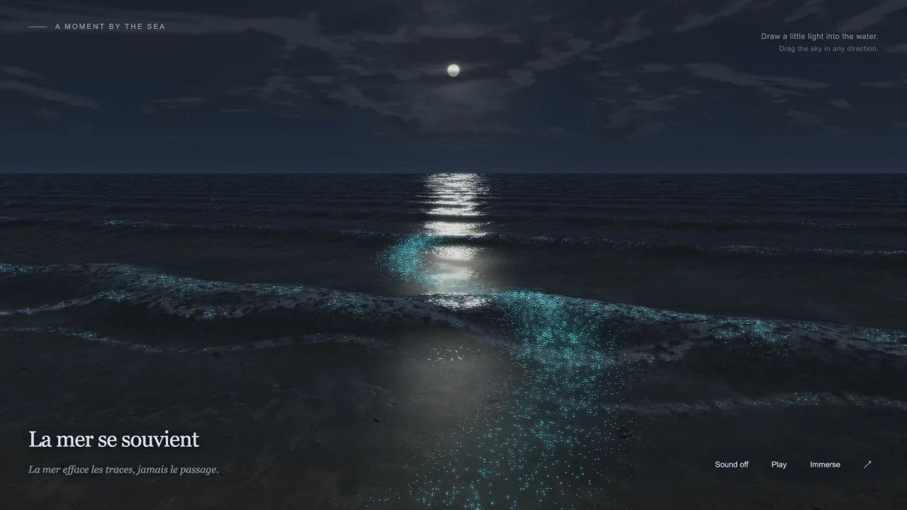 Silver moonlight crosses a dark sea; a trail of turquoise plankton glows in the shallows.