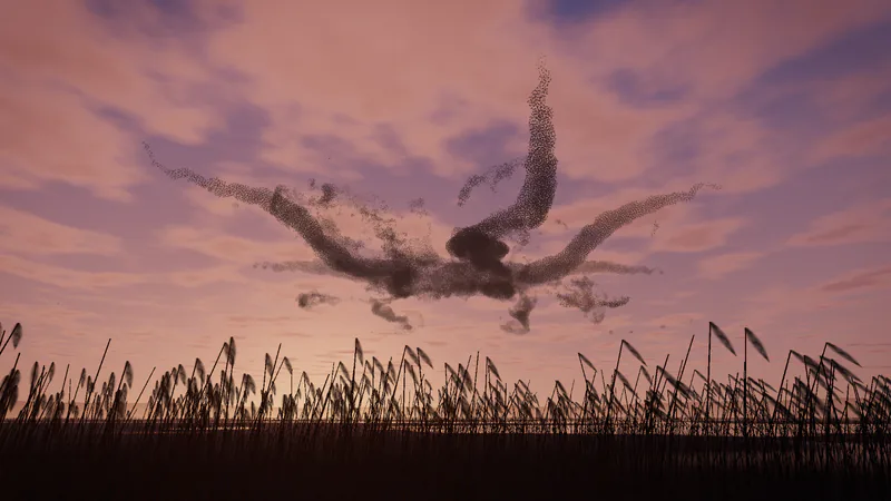 Starlings gather above a reed marsh in the warm light of sunset.